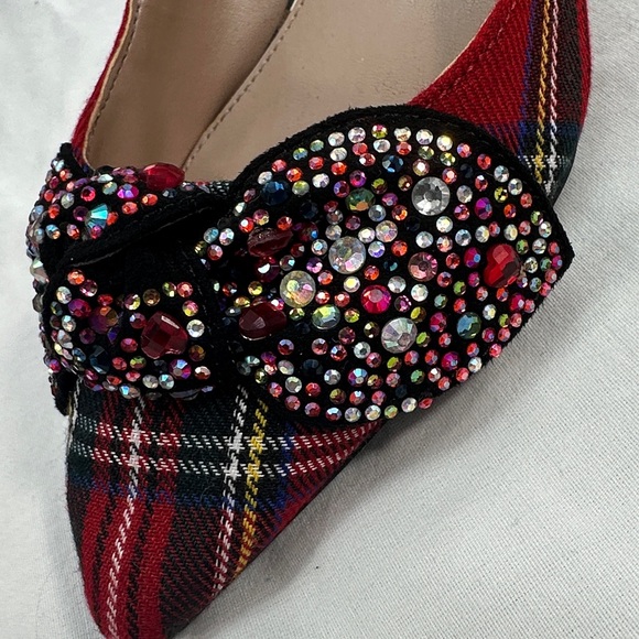 Betsey Johnson Red Tartan Plaid Lexie Kitten Heels Rhinestone Bows Shoes Sz 6m - Picture 11 of 13
